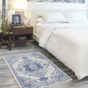 3' X 5' Ivory and Blue Medallion Area Rug