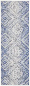 6' Blue and Ivory Geometric Distressed Runner Rug