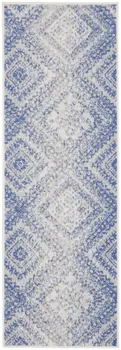 6' Blue and Ivory Geometric Distressed Runner Rug