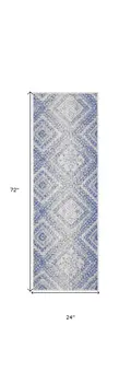 6' Blue and Ivory Geometric Distressed Runner Rug