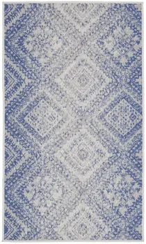 3' X 5' Blue and Ivory Geometric Distressed Area Rug