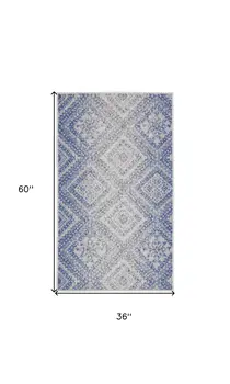 3' X 5' Blue and Ivory Geometric Distressed Area Rug