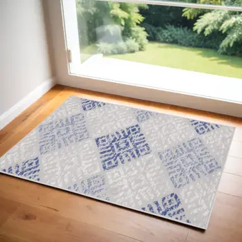 3' X 5' Beige Blue and Gray Geometric Area Rug