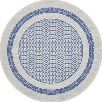 8' Ivory and Blue Geometric Distressed Round Rug