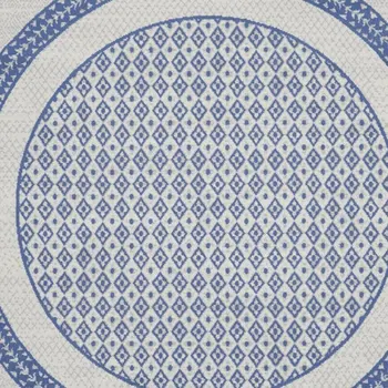 8' Ivory and Blue Geometric Distressed Round Rug