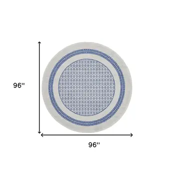 8' Ivory and Blue Geometric Distressed Round Rug