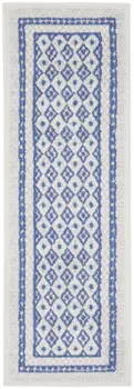 6' Ivory and Blue Geometric Distressed Runner Rug