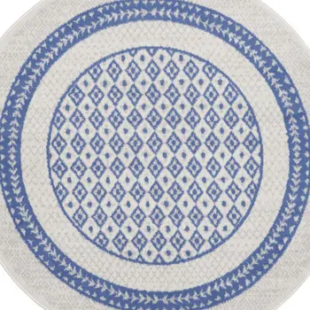 5' Ivory and Blue Geometric Distressed Round Rug