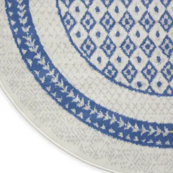5' Ivory and Blue Geometric Distressed Round Rug