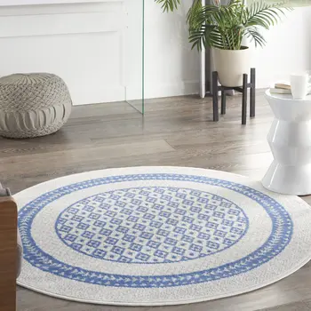 5' Ivory and Blue Geometric Distressed Round Rug