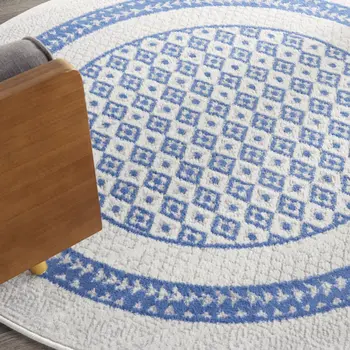 5' Ivory and Blue Geometric Distressed Round Rug
