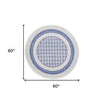5' Ivory and Blue Geometric Distressed Round Rug
