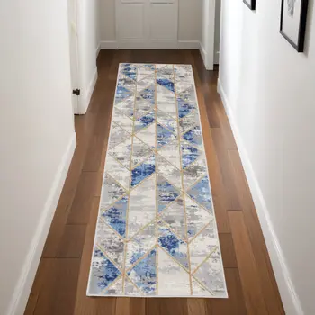 8' Ivory Blue and Gray Geometric Non Skid Runner Rug
