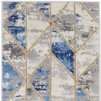 8' Ivory Blue and Gray Geometric Non Skid Runner Rug