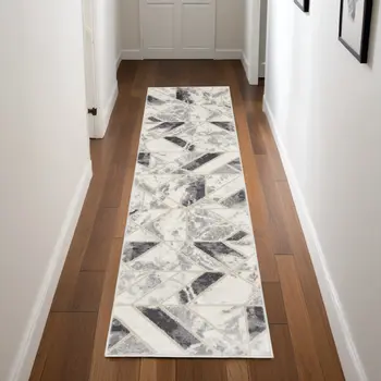 8' Ivory Black and Gray Geometric Non Skid Runner Rug