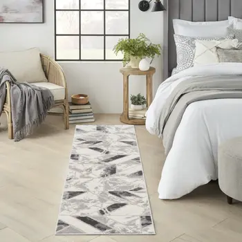 8' Ivory Black and Gray Geometric Non Skid Runner Rug