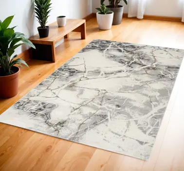 4' X 6' Ivory Black and Gray Abstract Non Skid Area Rug
