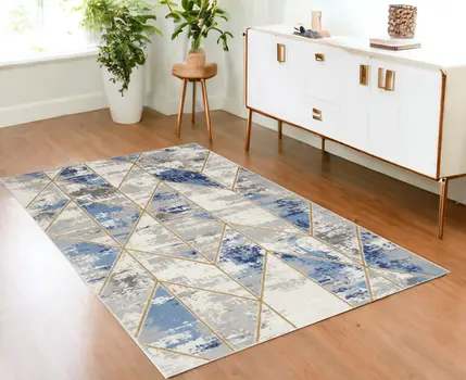 4' X 6' Ivory Blue and Gray Geometric Non Skid Area Rug