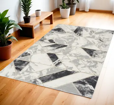 4' X 6' Ivory Black and Gray Geometric Non Skid Area Rug