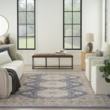 9' X 12' Blue Geometric Distressed Area Rug