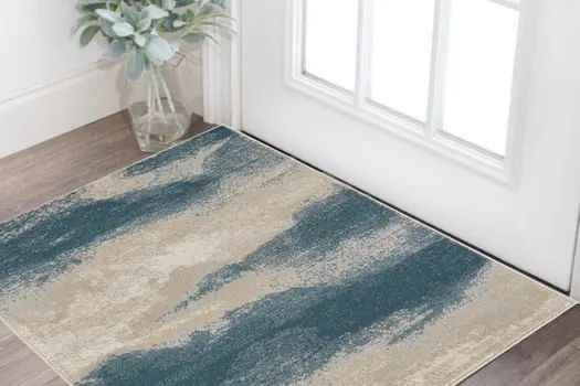 2' X 4' Ivory and Teal Blue Abstract Area Rug