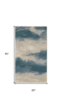 2' X 4' Ivory and Teal Blue Abstract Area Rug