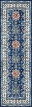 8' Ivory and Blue Oriental Distressed Non Skid Runner Rug