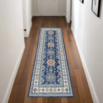 8' Ivory and Blue Oriental Distressed Non Skid Runner Rug