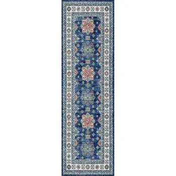 8' Ivory and Blue Oriental Distressed Non Skid Runner Rug