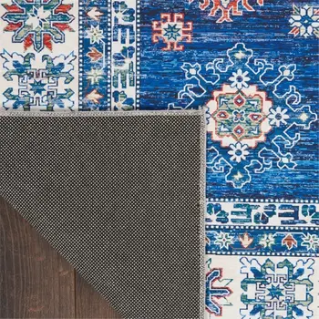 8' Ivory and Blue Oriental Distressed Non Skid Runner Rug