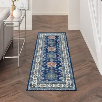 8' Ivory and Blue Oriental Distressed Non Skid Runner Rug