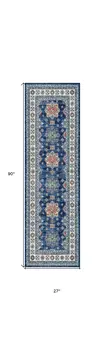 8' Ivory and Blue Oriental Distressed Non Skid Runner Rug