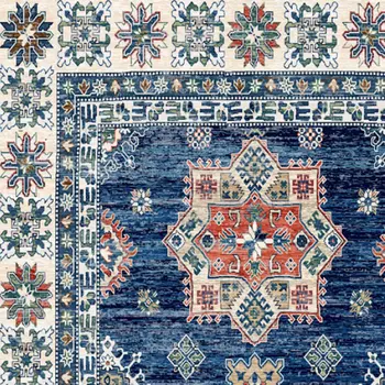 8' Ivory and Blue Oriental Distressed Non Skid Runner Rug