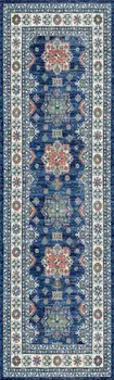 8' Ivory and Blue Oriental Distressed Non Skid Runner Rug
