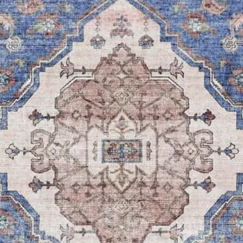 8' Ivory Red and Blue Oriental Distressed Non Skid Runner Rug