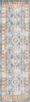 8' Ivory Red and Blue Oriental Distressed Non Skid Runner Rug
