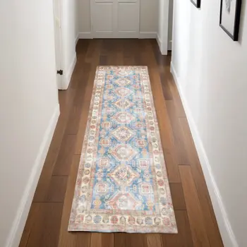 8' Ivory Red and Blue Oriental Distressed Non Skid Runner Rug