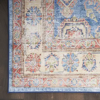 8' Ivory Red and Blue Oriental Distressed Non Skid Runner Rug