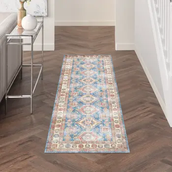 8' Ivory Red and Blue Oriental Distressed Non Skid Runner Rug