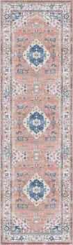 8' Ivory Blue and Coral Oriental Distressed Non Skid Runner Rug