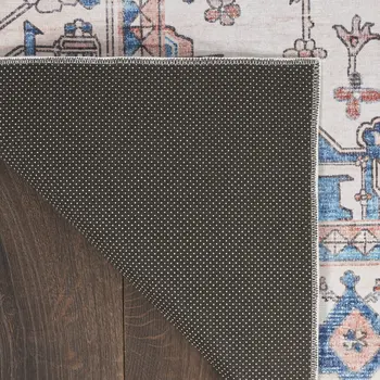 8' Ivory Blue and Coral Oriental Distressed Non Skid Runner Rug