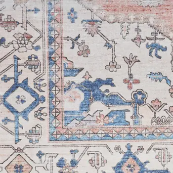 8' Ivory Blue and Coral Oriental Distressed Non Skid Runner Rug