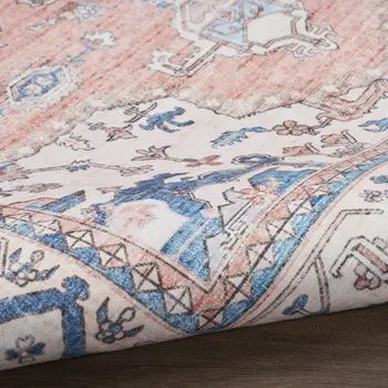 8' Ivory Blue and Coral Oriental Distressed Non Skid Runner Rug