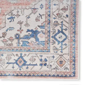 8' Ivory Blue and Coral Oriental Distressed Non Skid Runner Rug