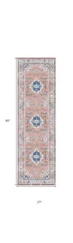 8' Ivory Blue and Coral Oriental Distressed Non Skid Runner Rug