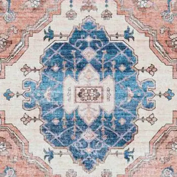 8' Ivory Blue and Coral Oriental Distressed Non Skid Runner Rug