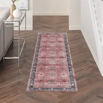 8' Brick Red and Black Oriental Distressed Non Skid Runner Rug