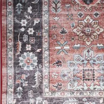 8' Brick Red and Black Oriental Distressed Non Skid Runner Rug