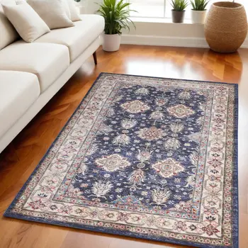 5' X 7' Blue and Ivory Oriental Distressed Non Skid Area Rug