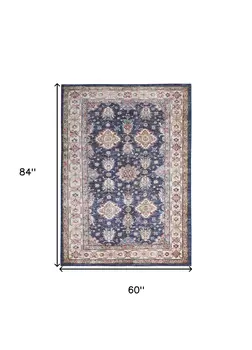 5' X 7' Blue and Ivory Oriental Distressed Non Skid Area Rug